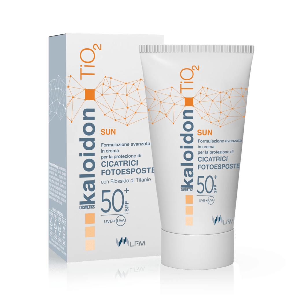Scatola e flacone di Kaloidon TiO2, la crema per cicatrici con protezione solare SPF 50+.