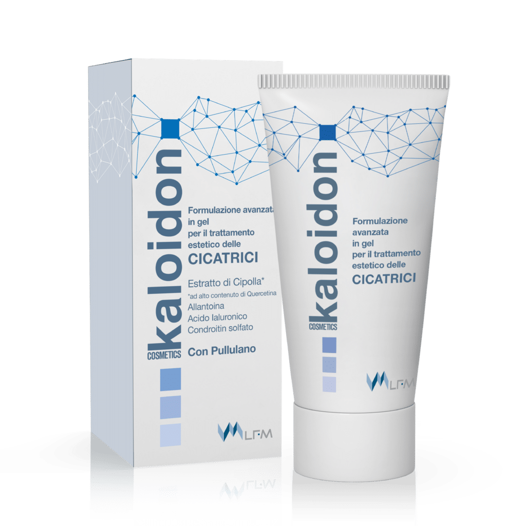 Scatola e flacone di Kaloidon Gel: il gel per il trattamento delle cicatrici chirurgiche.