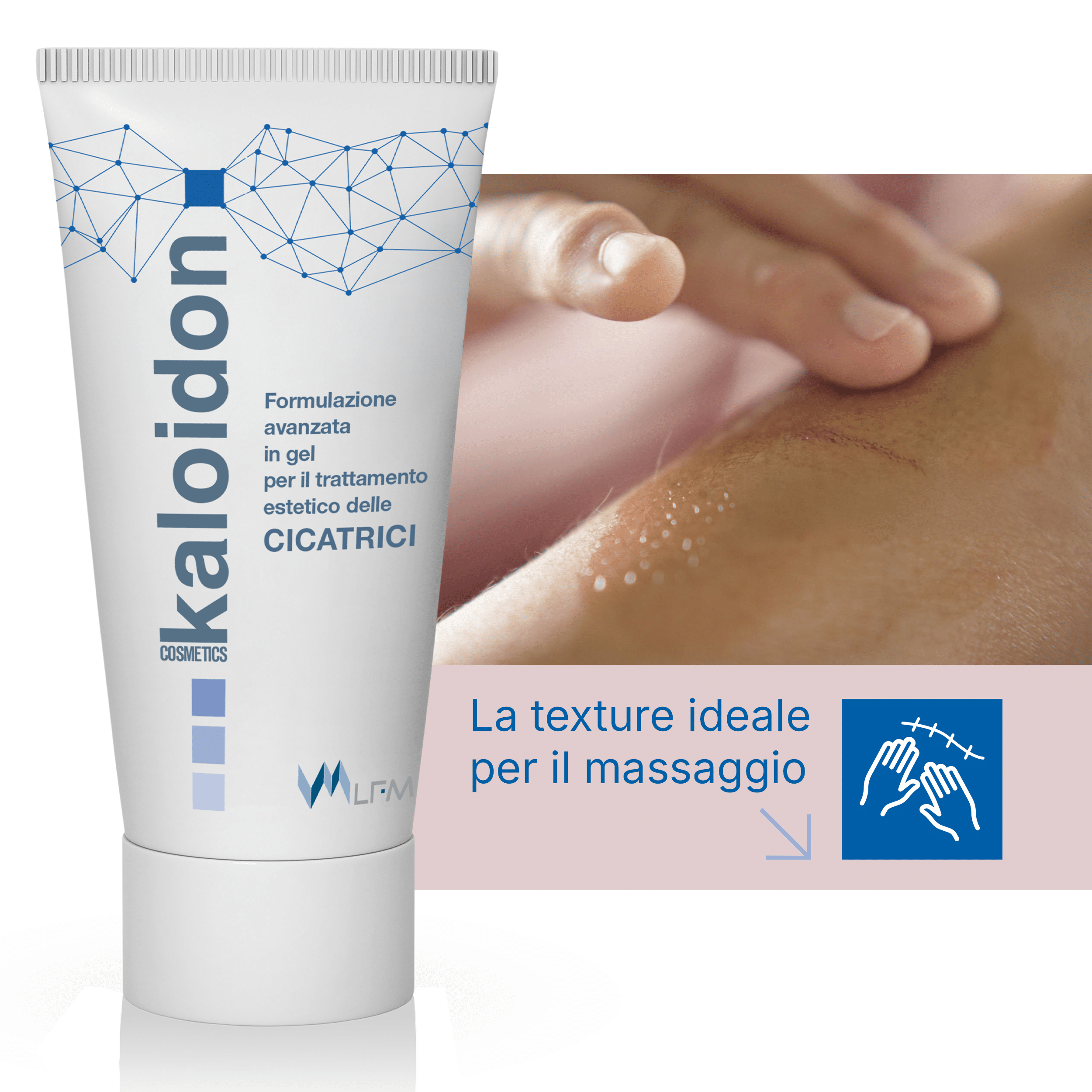 Scatola e flacone di Kaloidon Gel: il gel per il trattamento delle cicatrici chirurgiche.