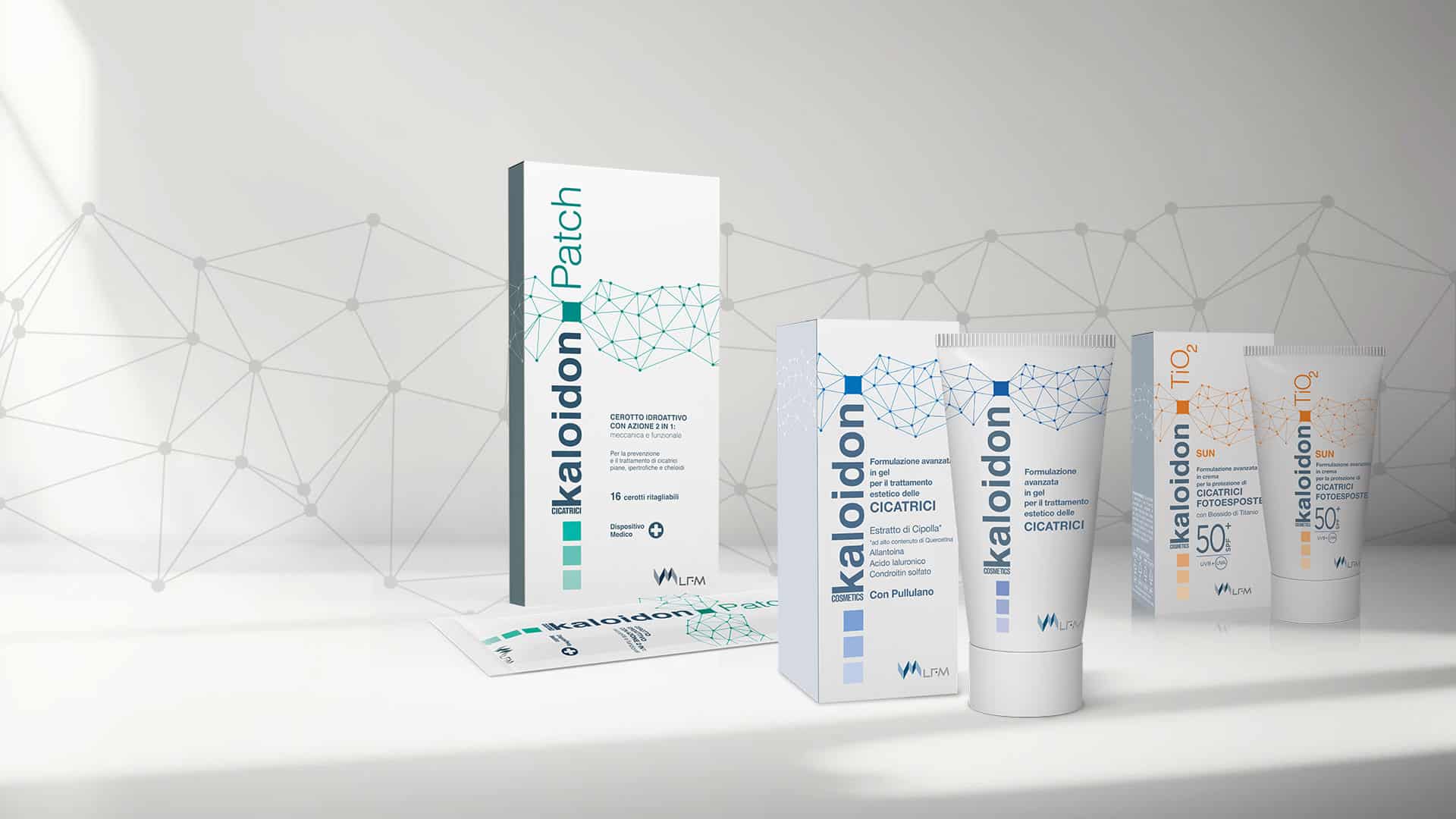 I tre principali prodotti Kaloidon per la cura delle cicatrici: gel cerotti cicatrice e crema.